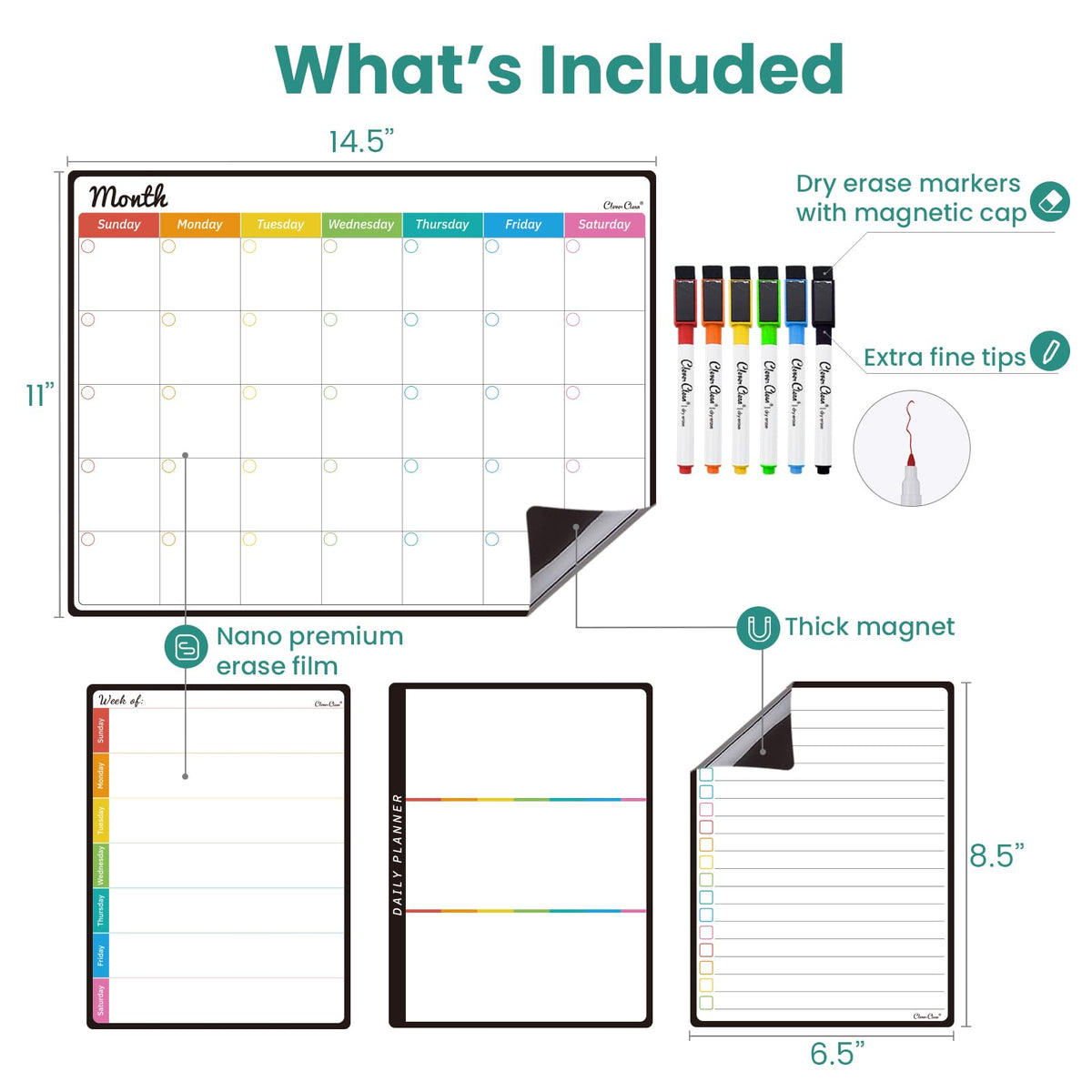 Magnetic Dry Erase Monthly Calendar Set - 14.5"x11" Monthly Calendar, 6.5"x8.5" Weekly, Daily, List Boards for Fridge - 6 Extra Fine Point Markers Included - Shipped Flat