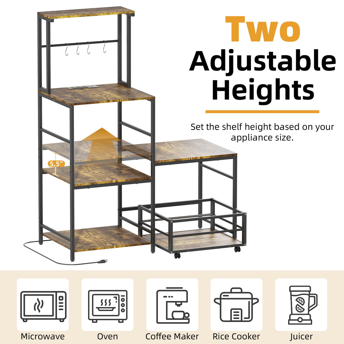 HYPIGO Mini Fridge Stand with Storage, Coffee Bar Cabinet Station with Power Outlet, Kitchen Baker’s Rack with Adjustable Shelf, Movable Basket, Refrigerator Organizer for Kitchen, Dorm, Home, Office