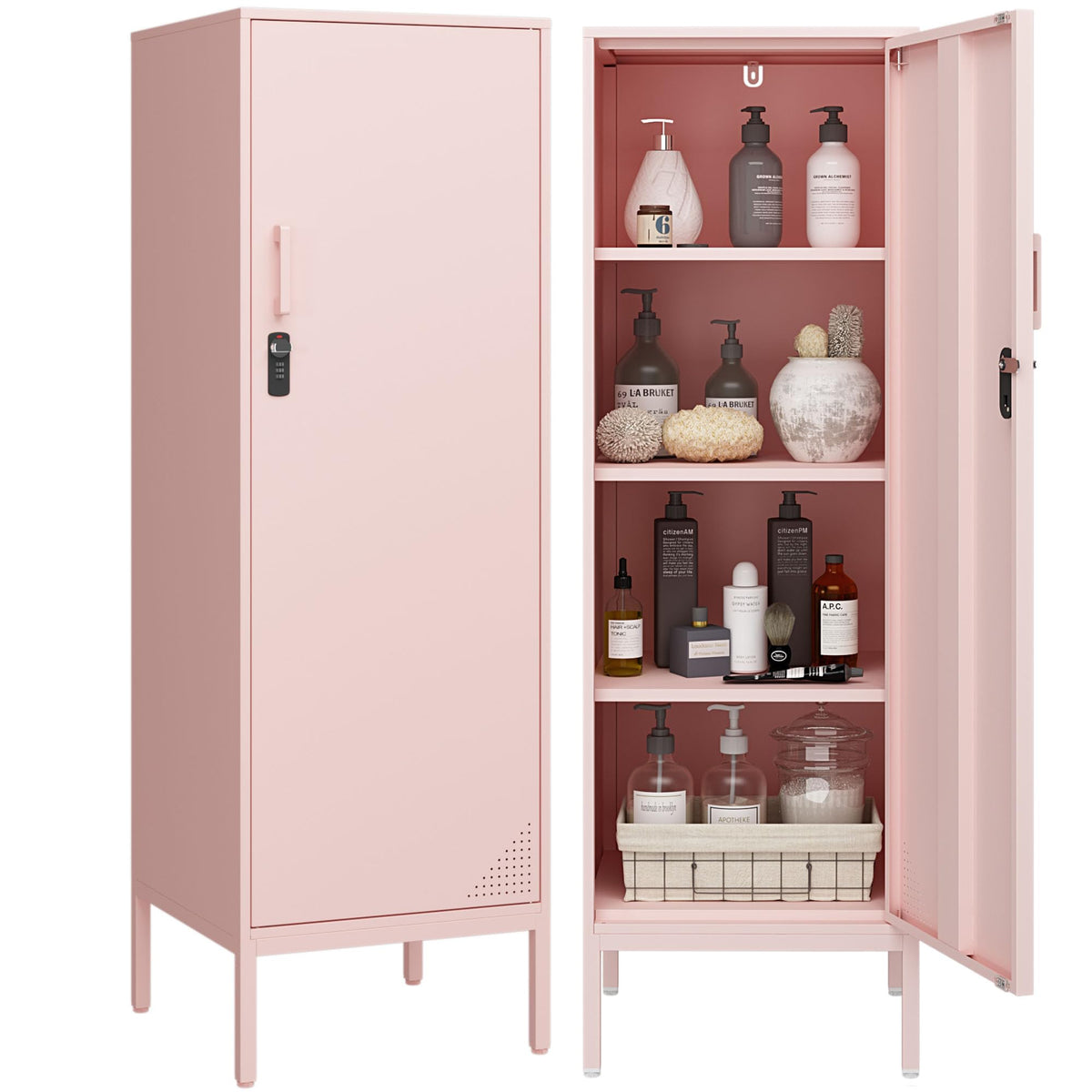 Steehoom Metal Locker Cabinet with Lock Single Door Bathroom Storage Cabinet Changing Room Locker for Home, Office, School, Gym, Garage (Pink, 15.75" D x 15.75" W x 49.21" H)