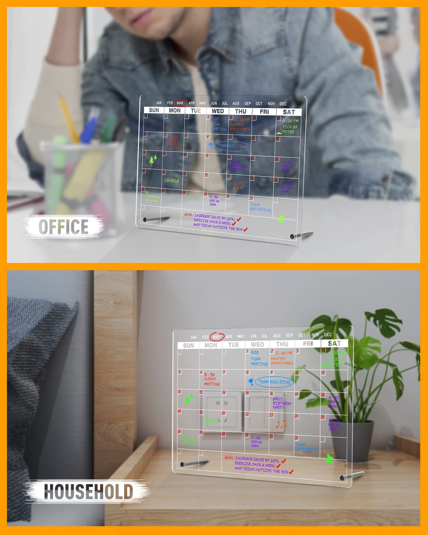 Acrylic Dry Erase Calendar Board to Do List Desktop Clear Memo Note Board, 9x13 Tabletop Whiteboard with Stand for Office, Home, School, Includes 6 Dry Erase Markers White
