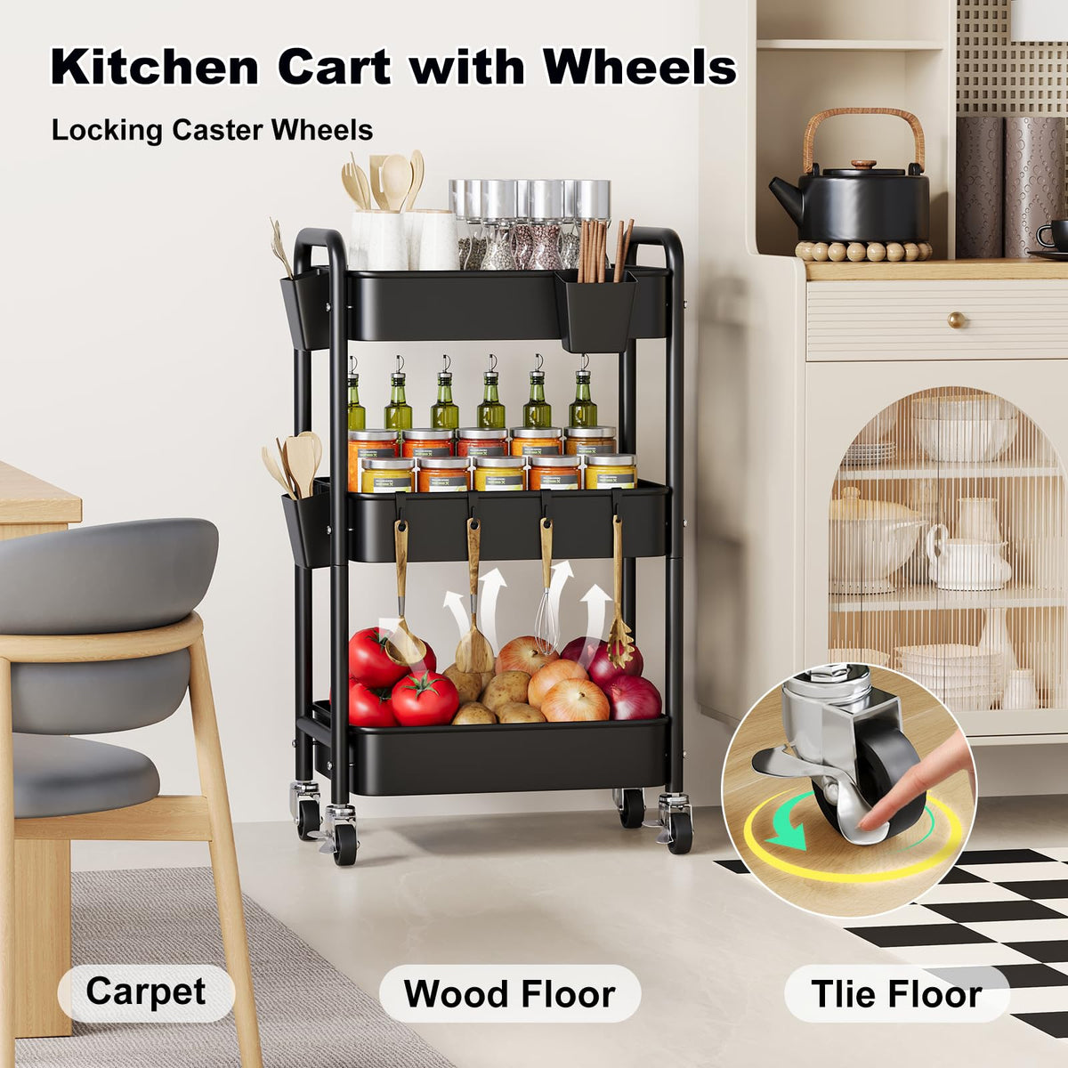 3 Tier Rolling Cart Metal with Wheels, Black Three Tiered Art Cart Organizer on Wheels, Storage Utility Trolley Carts for Kithcen, Craft, Nail, Lash, Makeup, Salon,Bedside, Bathroom, Office, Snack