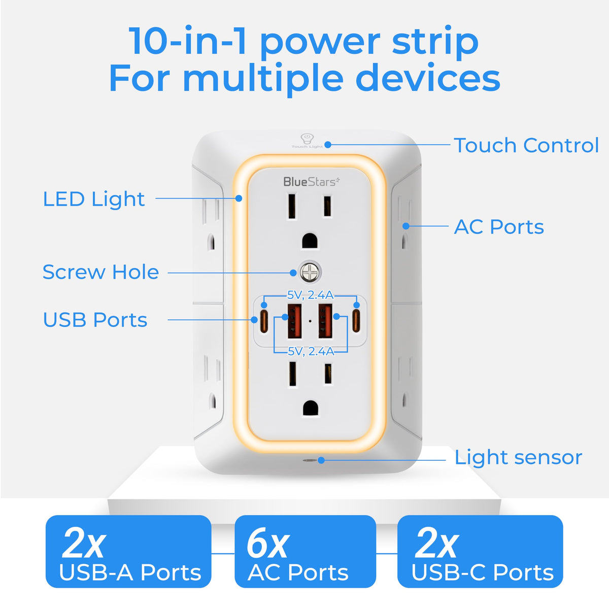 Wall Mount Power Strips Wall Charger 6 Outlet Extender 4 USB Ports (5V, 2.4A, 12W) and Night Light 3-Sided Power Strip with Adapter Spaced Outlets - Multi Plug Outlet Surge Protector for Home Office