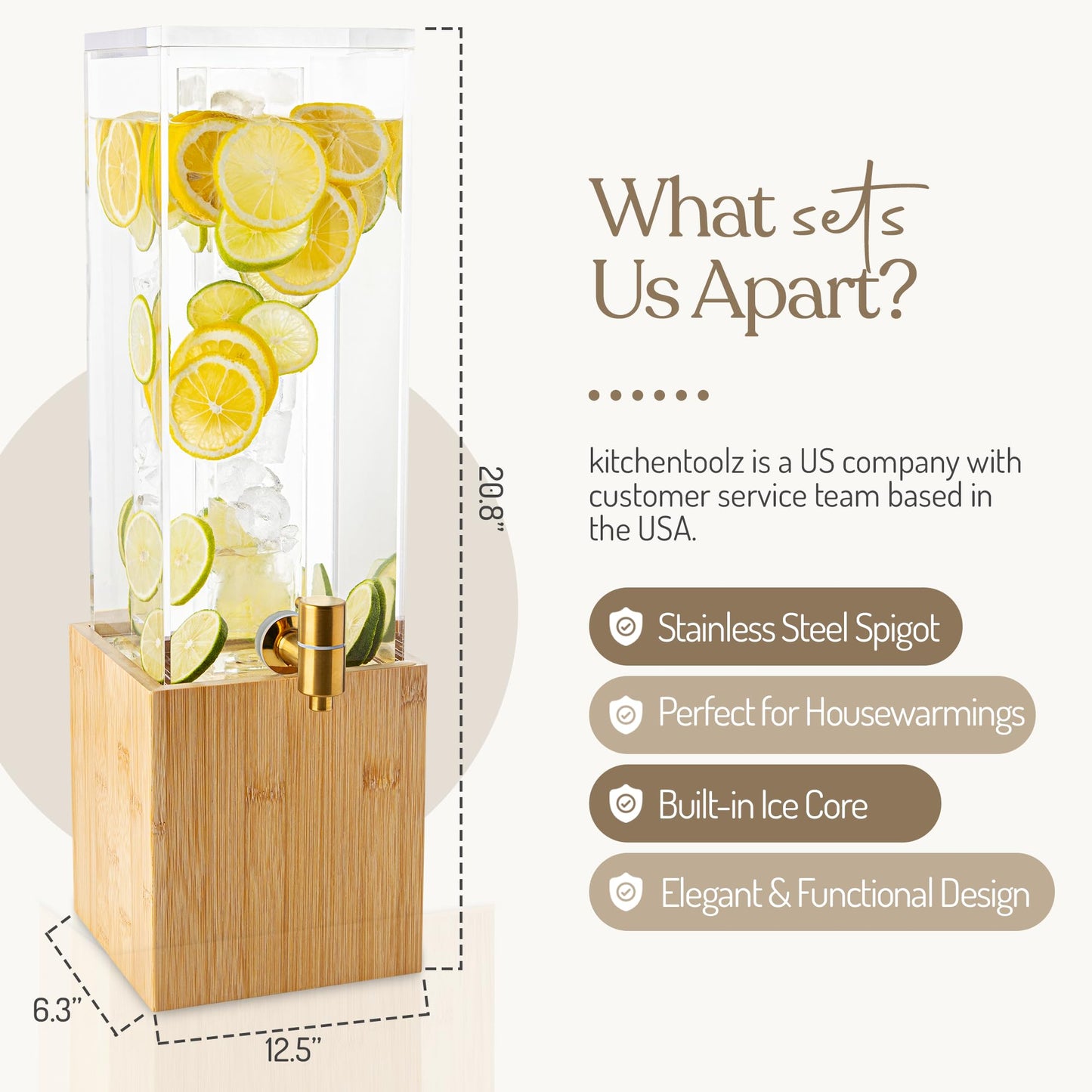 1.25 Gallon Acrylic Beverage Dispenser with Bamboo Stand – Iced Drink Dispenser with Stainless Steel Spigot & Built-in Ice Core