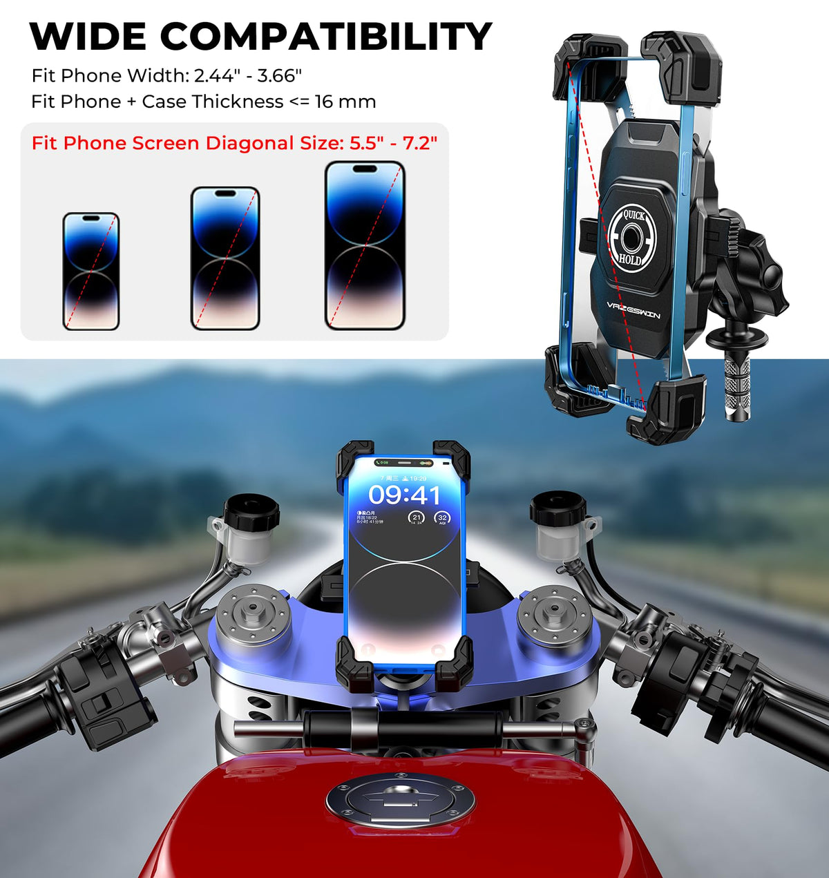 VAZESWIN Motorcycle Fork Stem Phone Mount, 1s Auto Lock & Release, Anti-Theft Motorcycle Phone Holder with Aluminum Alloy 1" Ball Short Arm, for 12-25.4mm Diameter Fork Stems, for 5.4"-7" Cellphones