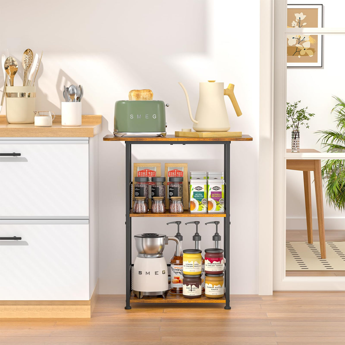 Jsskeeim Mini Floor Standing Coffee Bar Shelf,3-Tier Small Coffee Table,Corner Farmhouse Coffee Bar Cabinet;Dining Room, Living Room-Capsules,Coffee Maker(Brown+Black)