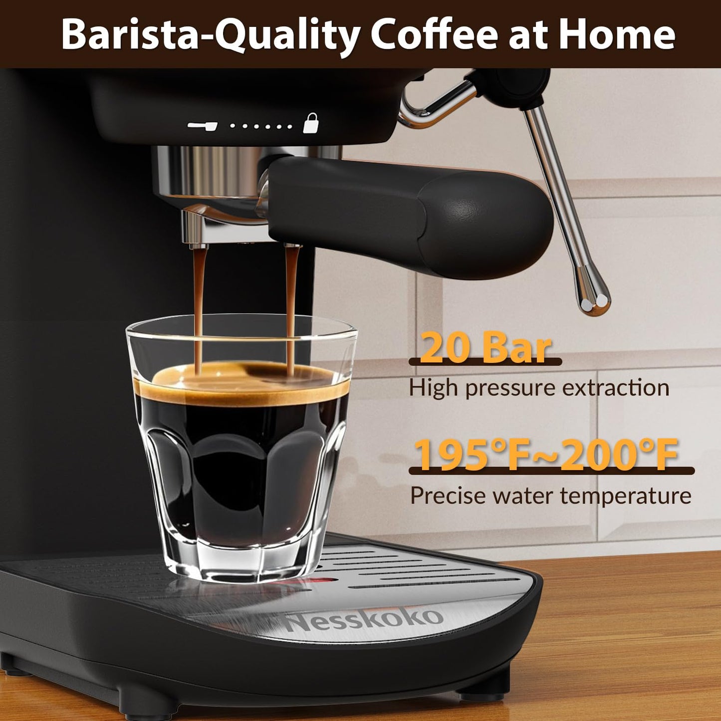Nesskoko Espresso Machine with Steam Milk Frother Semi Automatic 20 Bar Compact Black with Toggle Switch for home Cafetera Espresso, Latte, Cappuccino, Americano, Macchiato
