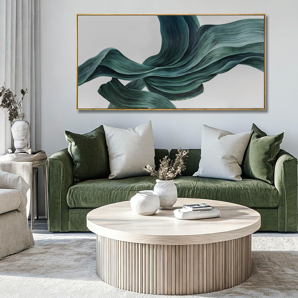 Green Abstract Wall Art 24x48 Inch, Large Framed Canvas Painting with Wooden Frame, Modern Minimalist Wall Decor for Living Room Bedroom or Office