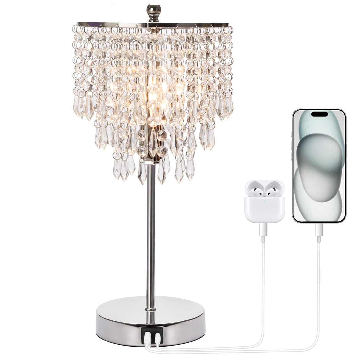 Touch Control Crystal Table Lamp with USB C+A Charging Ports, 3-Way Dimmable Bedside Touch Lamp Decorative Nightstand Lamp with Elegant Lampshade for Living Room Bedroom, B11 LED Bulb Included