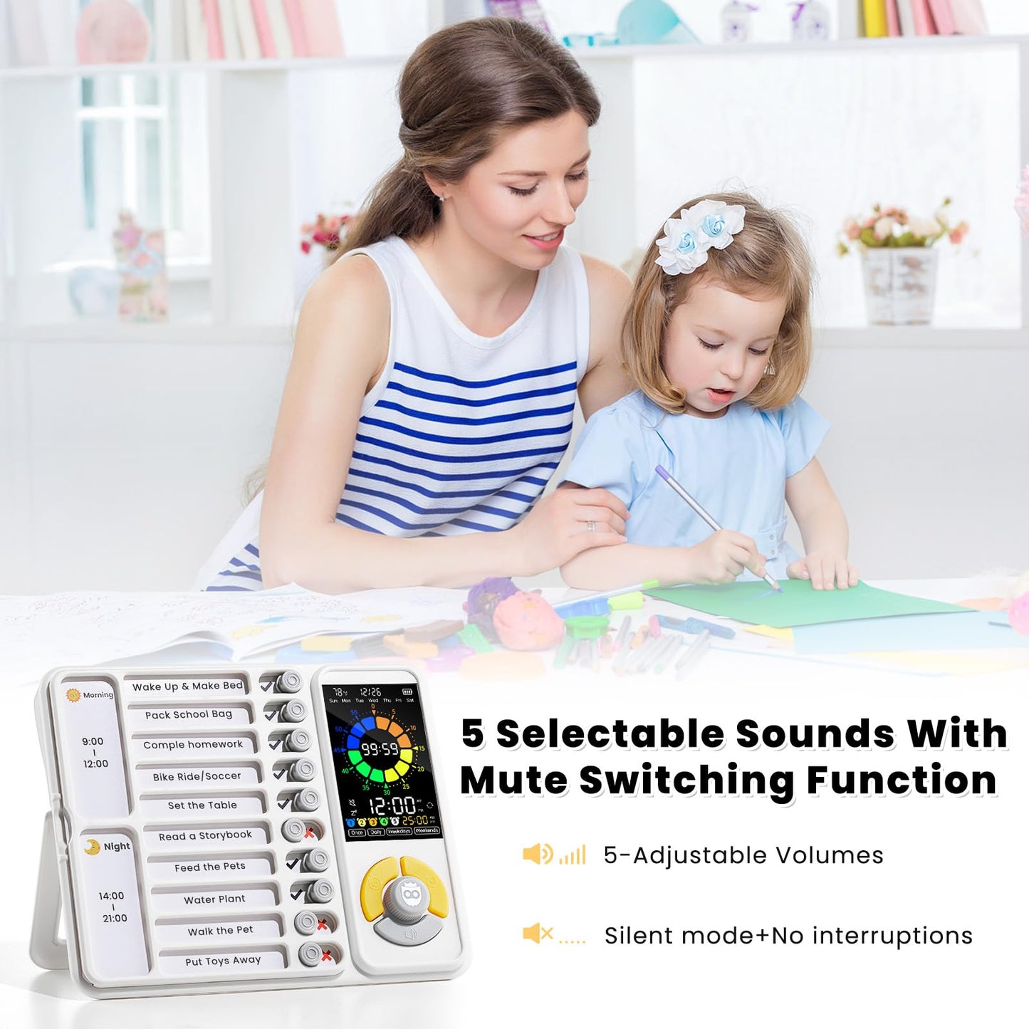 3-in-1 Visual Timer & ADHD Tool for Kids and Adults, 12/24H Silent Task Timer with Chore Chart, Daily Checklist with Pomodoro Timer, Alarm Clock - White