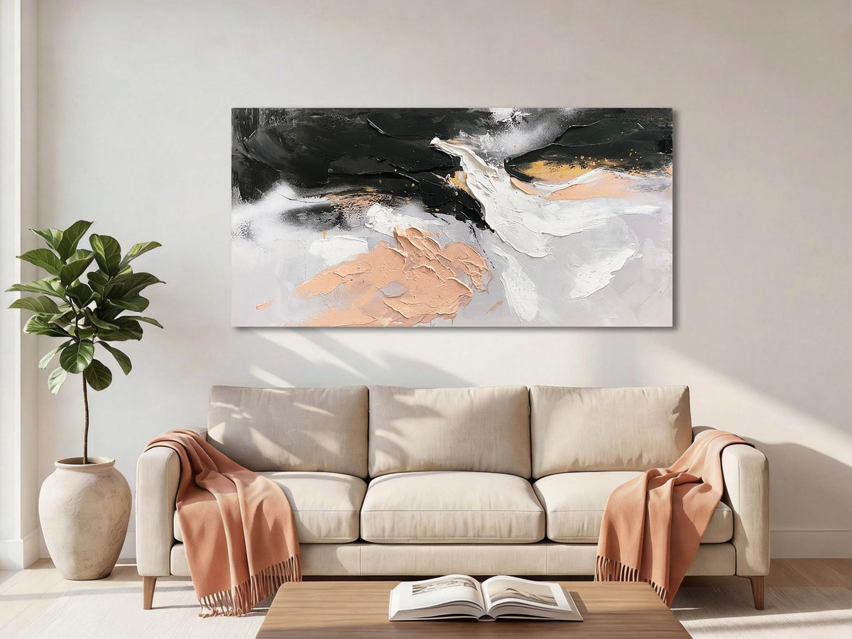 Ardemy Textured Abstract Canvas Wall Art - Black White Gold Beige Brush Strokes Painting Extra Large 58"x29", Modern Splatter Artwork for Living Room Bedroom Home Office Luxury Wall Decor