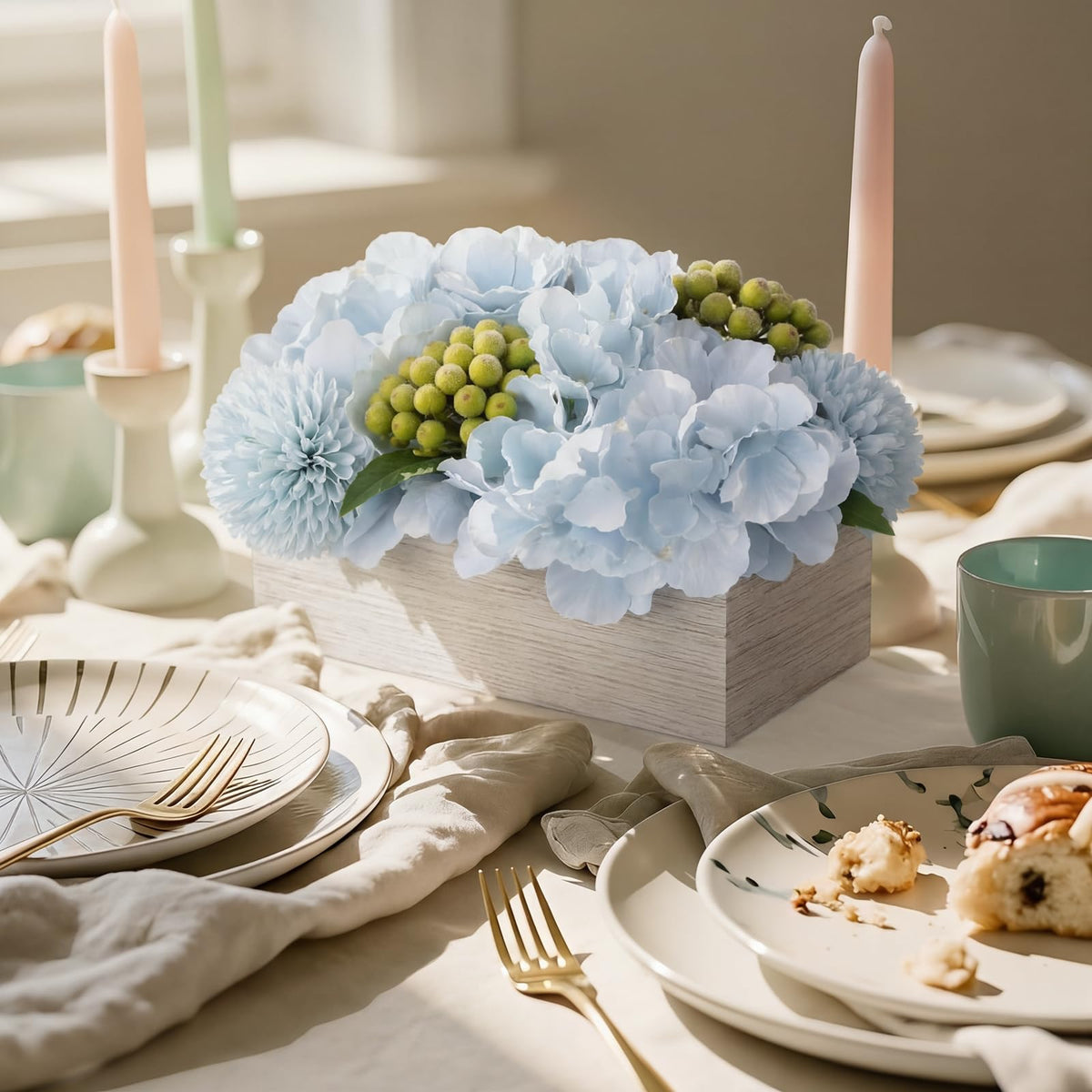 AceOrbit Blue Hydrangea Artificial Flowers with Wooden Box Table Centerpiece Decorations Fake Flowers Arrangement with Green Berries for Dining Room Home Table Bathroom Shelf Spring Easter Decoration