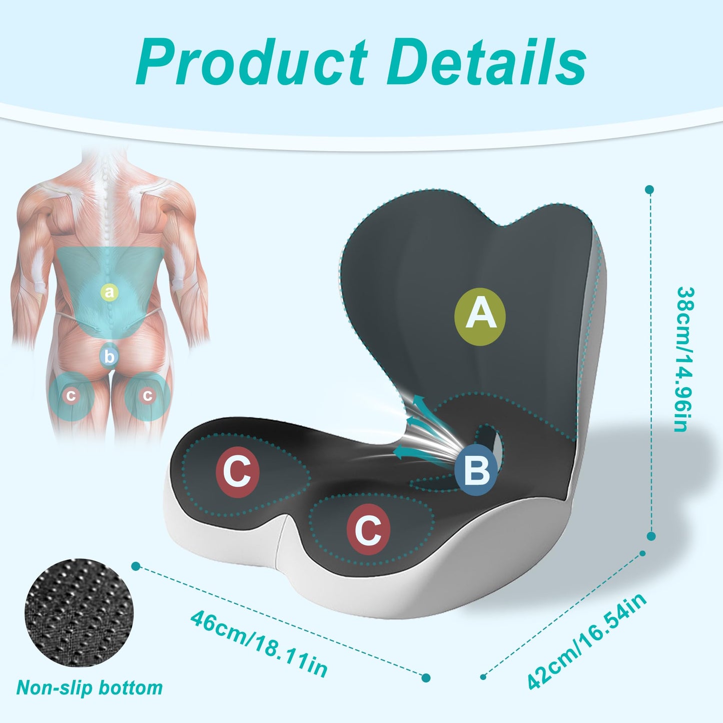 BANKQF Seat Cushion for Office Chair and Car, Lumbar Support Pillow for Office Chair, Memory Foam Ergonomic Seat Cushion for Long Sitting, Back & Tailbone Pain, Sciatica - Dark Gray & Light Gray