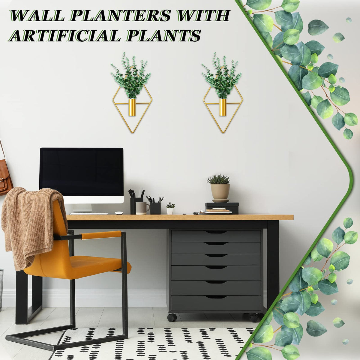 Canlierr 2 Pieces Gold Wall Decor Hanging Planters with Artificial Plants Metal Vase Indoor Plants Holder Modern Geometric Wall Art for Home Bathroom Bedroom Living Room Office(Eucalyptus,Medium)