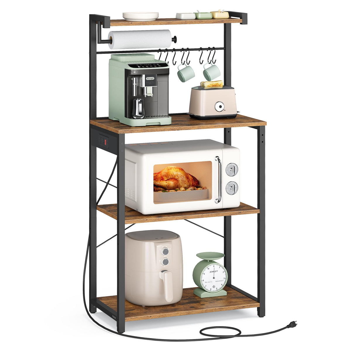 VASAGLE Kitchen Bakers Rack with Power Outlet, Coffee Bar 4-Tier with 8 S Hooks, Microwave Stand, Adjustable Shelf, for Small Spaces, Rustic Brown and Ink Black UKKS014K01V1
