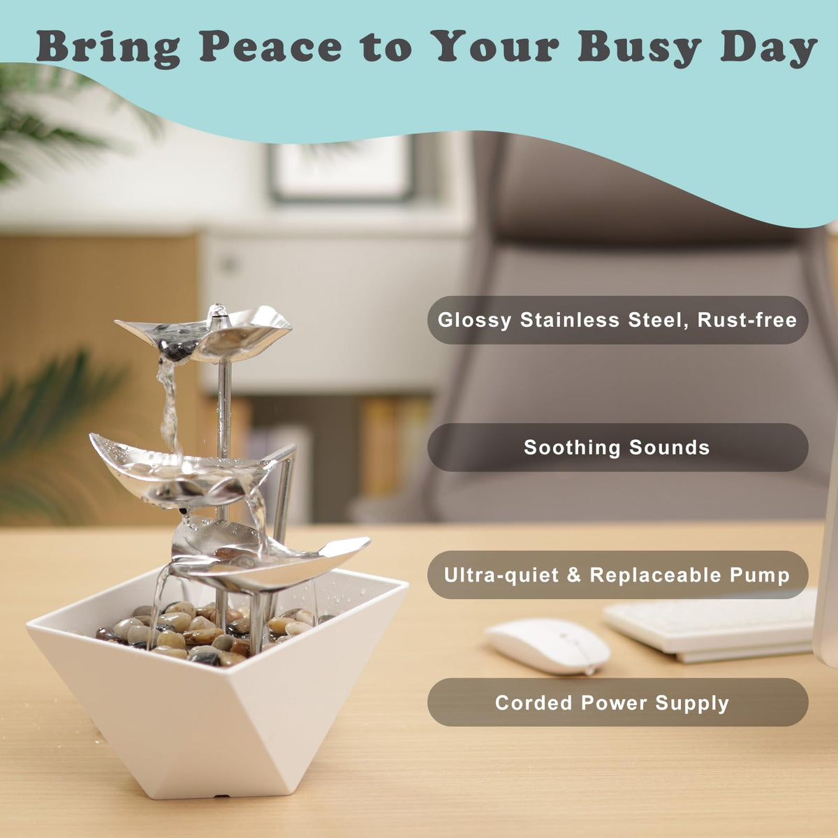 BurTrickle Indoor Tabletop Water Fountain - Home Decor Handcrafted 3-Tier 304 Metal Durable Desktop Fountain, Quiet Pump, Zen Relaxation for Office, Living Room, or Bedroom, Trilogy (White)