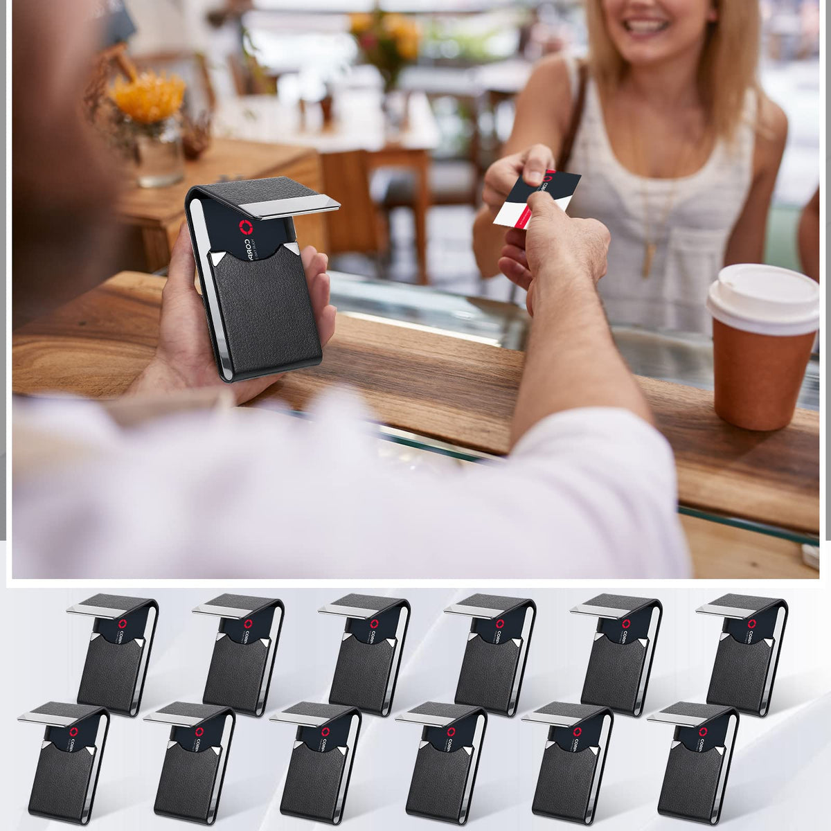 Yexiya 12 Pcs Leather Business Card Holder Case PU Leather Business Pocket Card Holders Wallet with Magnetic Closure for Men Women Office Gifts, Black