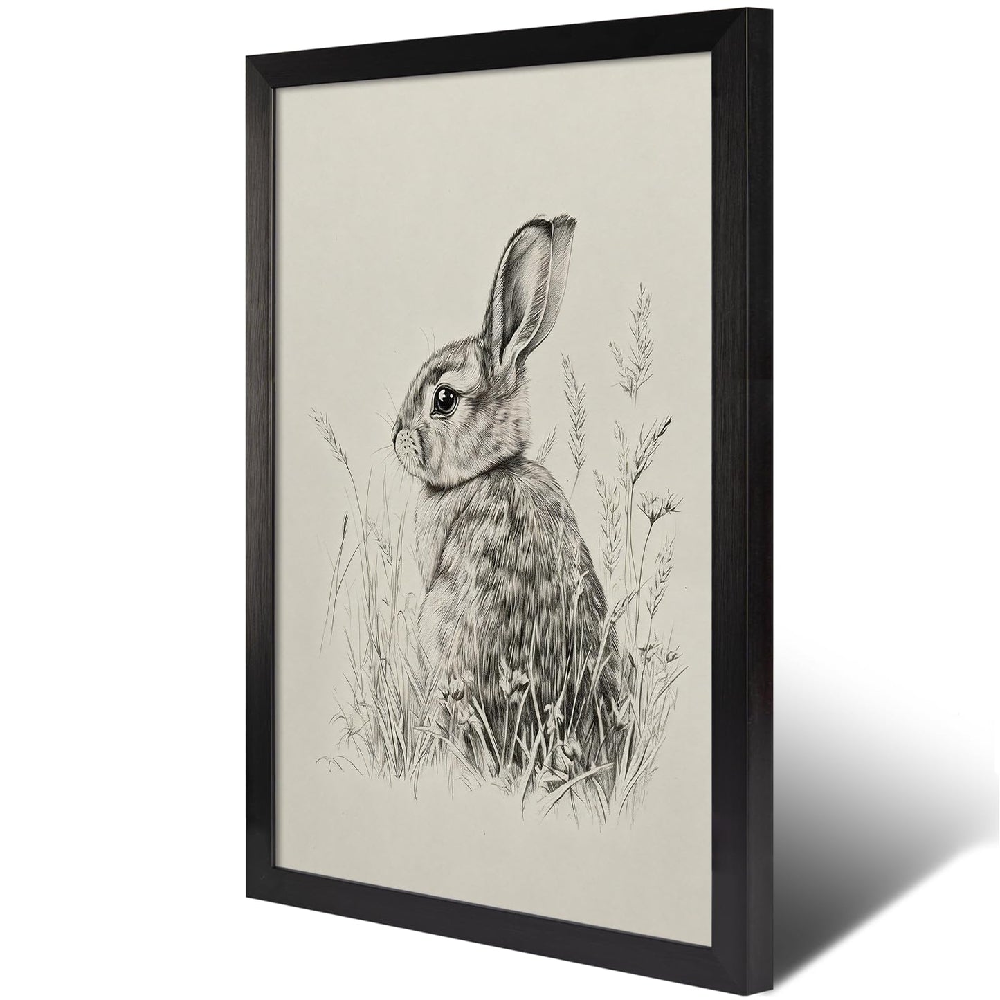 Wild Rabbit Wall Art, 12X16 Inch Black Framed Nature Wildlife Art Poster, Black And White Animal Canvas Print, Farmhouse Wall Decor For Living Room Bedroom Office Ready To Hang