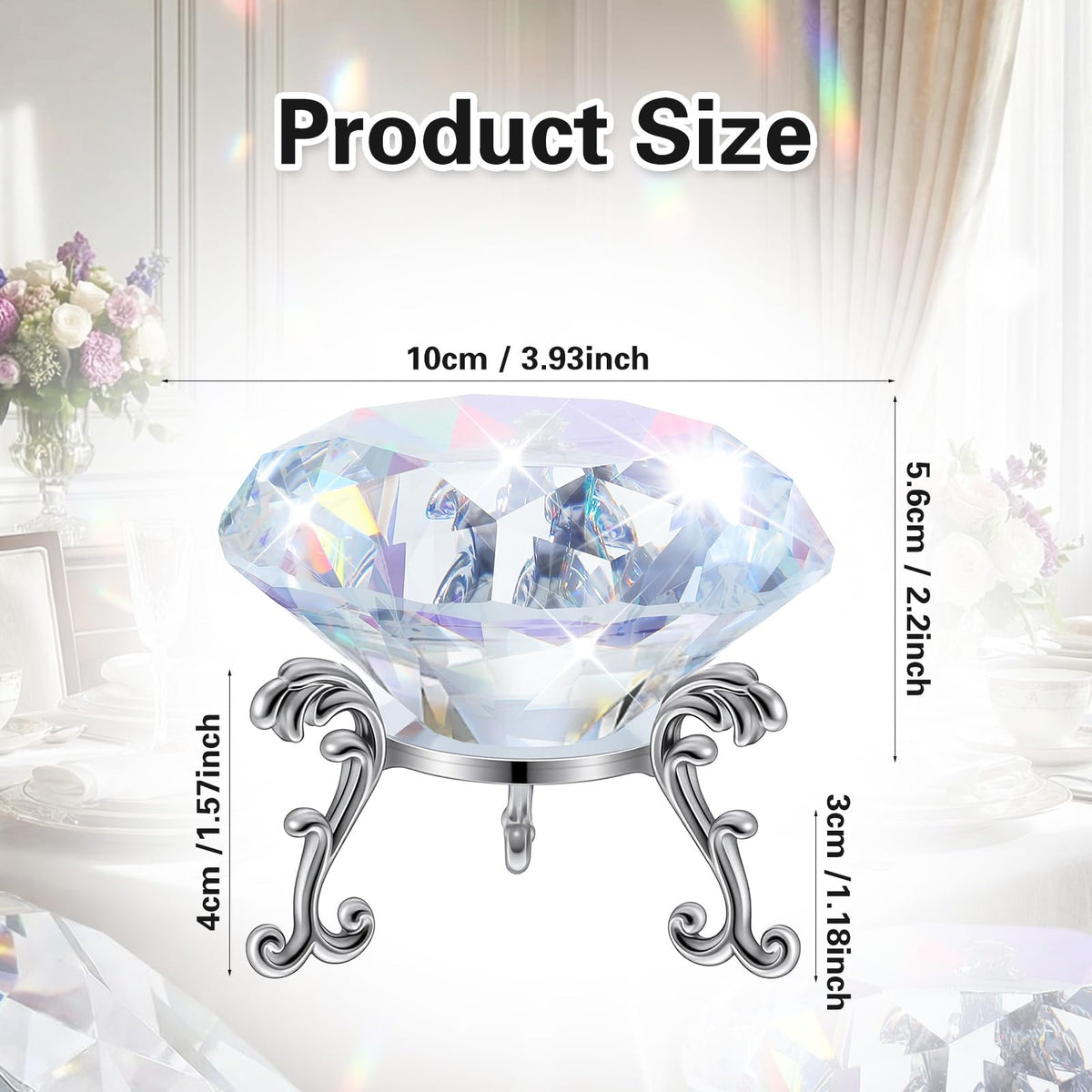 4 Pcs 60mm(2.36 in) Large Crystal Diamond Paperweight with Stand Jewels Wedding Decorations Centerpieces Home Decor, 60mm, Clear