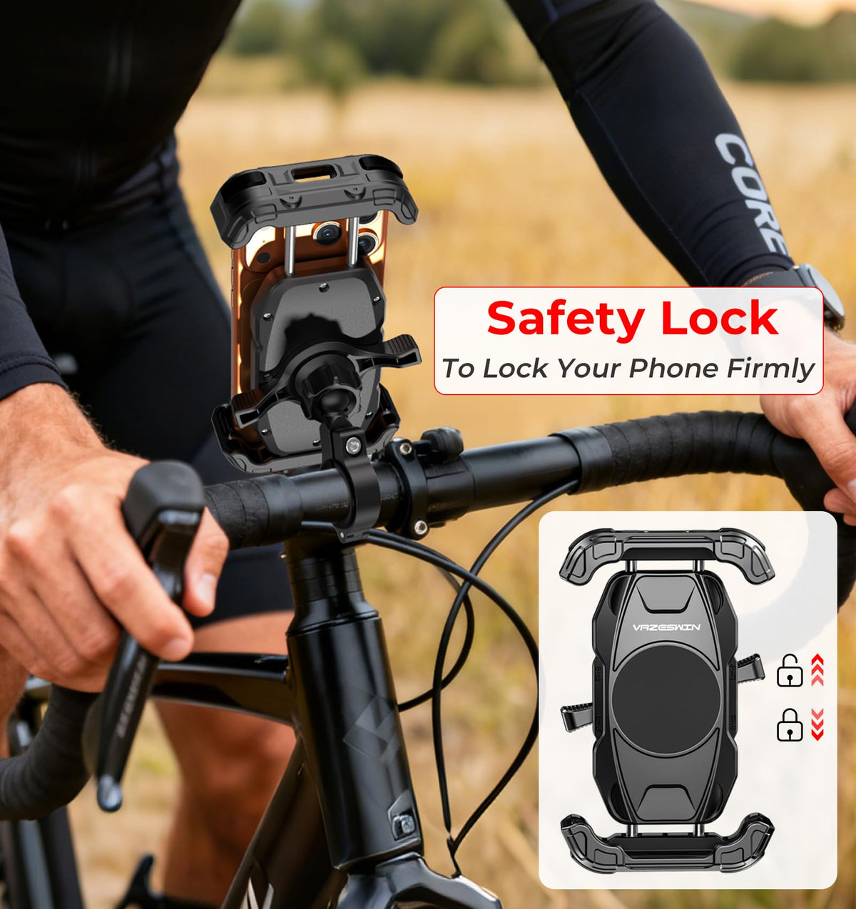 VAZESWIN Motorcycle Phone Mount [Secure Lock] One-Handed Operation Motorcycle Cellphone Holder, Bicycle Scooter Handlebar Clamp, Bike Phone Mount with Aluminum Alloy Base Fit for 5.4"-7.2" Smartphone