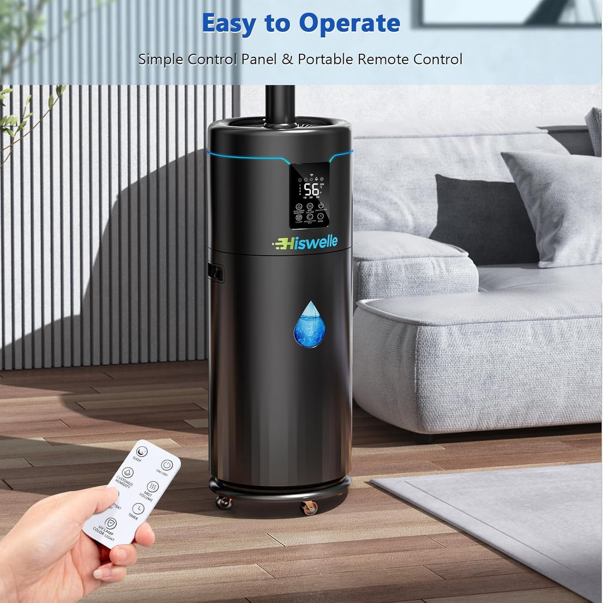 Hiswelle Large Humidifiers for Bedroom, 4.5 Gal Cool Mist Humidifier for Large Room Whole House with Remote Control, 800mL/h Output, 48H Runtime, Auto Humidistat, Wheels, Timer, Essential Oil Tray