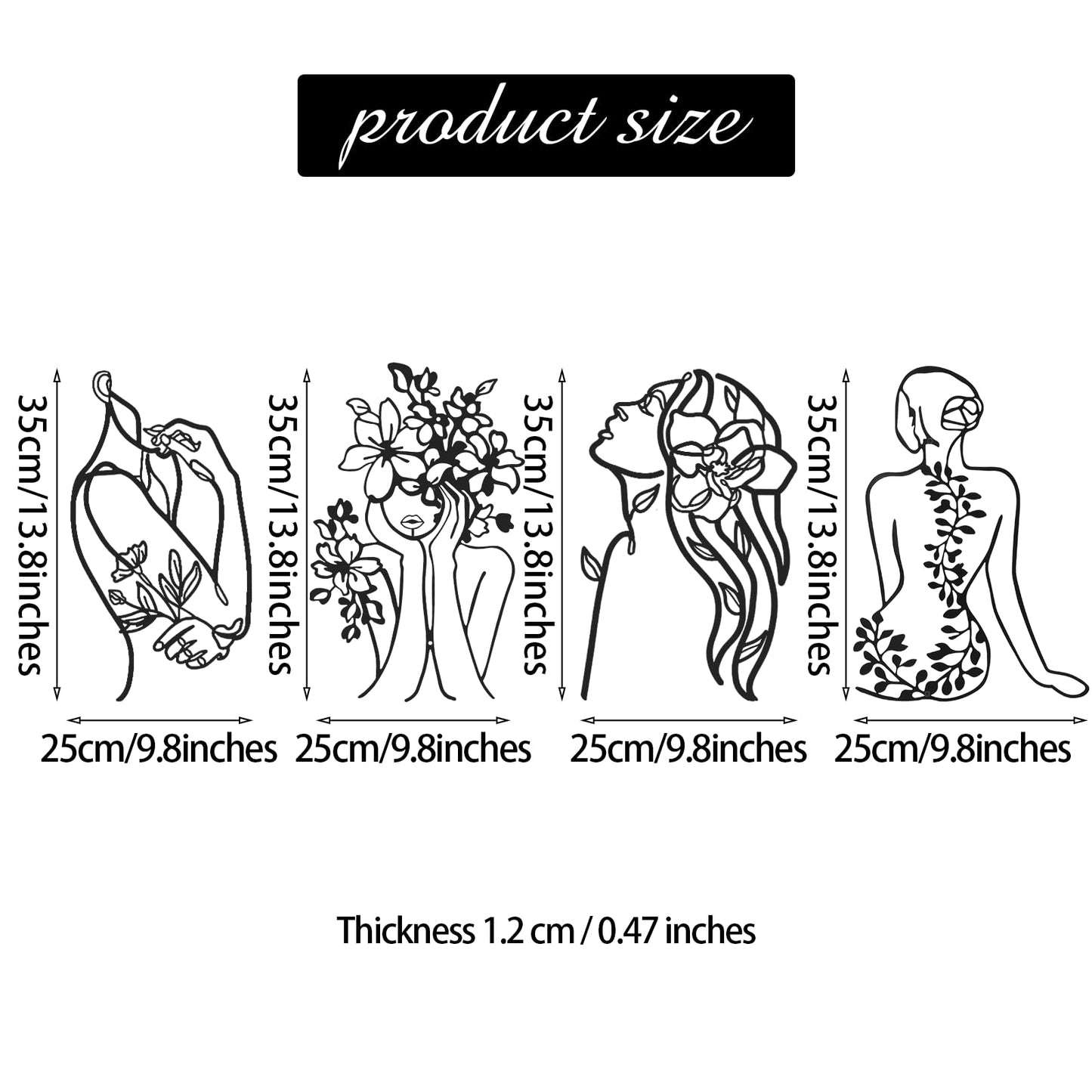 Photect 4 Pieces Metal Wall Art Decor Black Single Line Art Drawing Minimalist Abstract Female Woman Wall Sculptures Hanging Decor Accents for Bathroom Living Room(Modern)