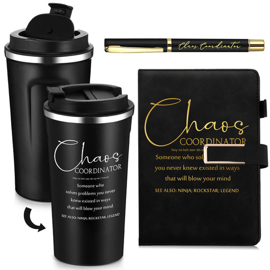 Pickmesh 3 Pcs Chaos Coordinator Appreciation Gifts for Women Men 17 oz Coffee Tumbler A5 Leather Journal with Ballpoint Pen for Admin Professionals Manager Assistant‌ Employee Teacher(Black)