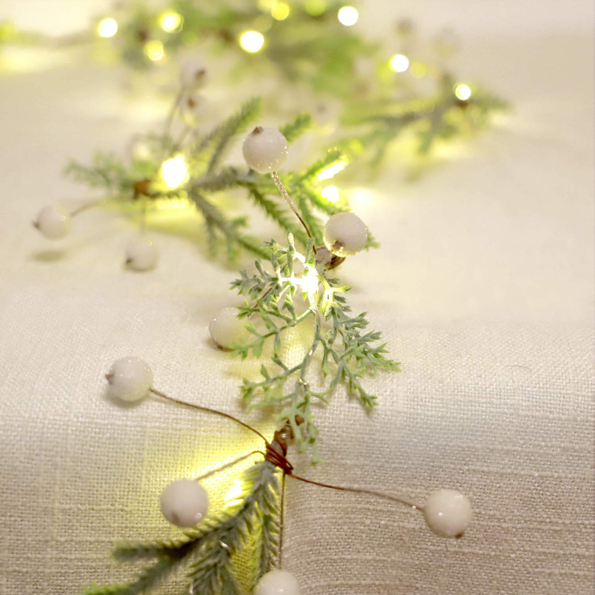 Norfolk Pine String Lights & White Berry 6.5FT & 25LEDs Delicate Christmas Garland with Lights Battery Operated with Remote Ideal for Indoor & Outdoor Decorations Petite Christmas Garland for Mantle