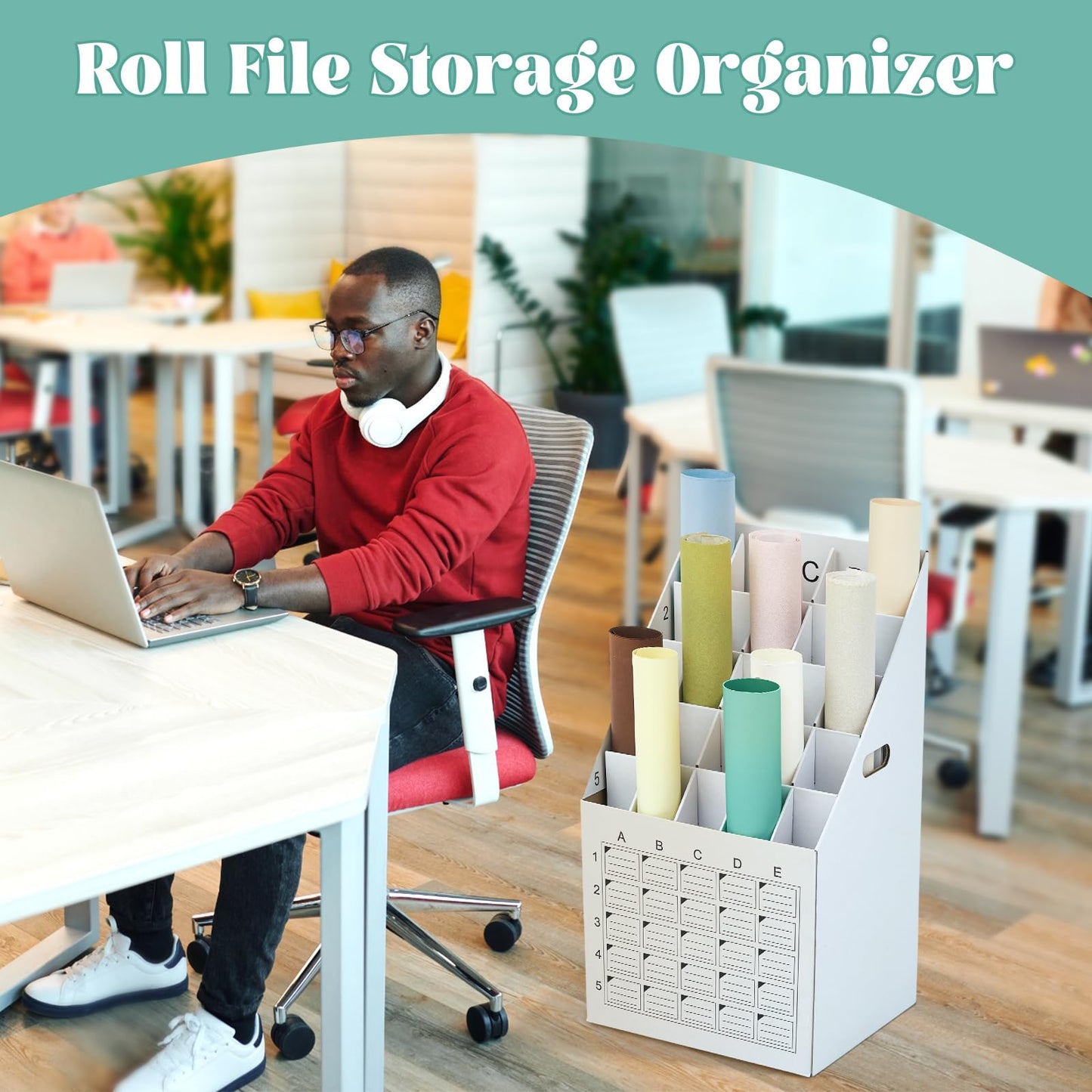 Menkxi 1 Pack 25 Slot Roll File Holder Vertical Blueprint Storage Organizer Corrugated Cardboard Roll File Cabinet Box with Labeling Grid for Office School Poster Map Gift Wrap Architectural Home