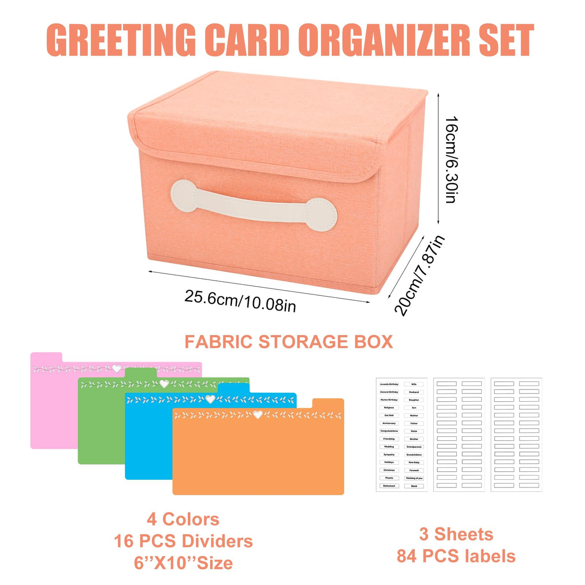 slcinwzdt Collapsible Greeting Card Storage Box with 16 Dividers, Ideal for Cards, Recipes, Photos, Envelopes - Pink, 84 Labels