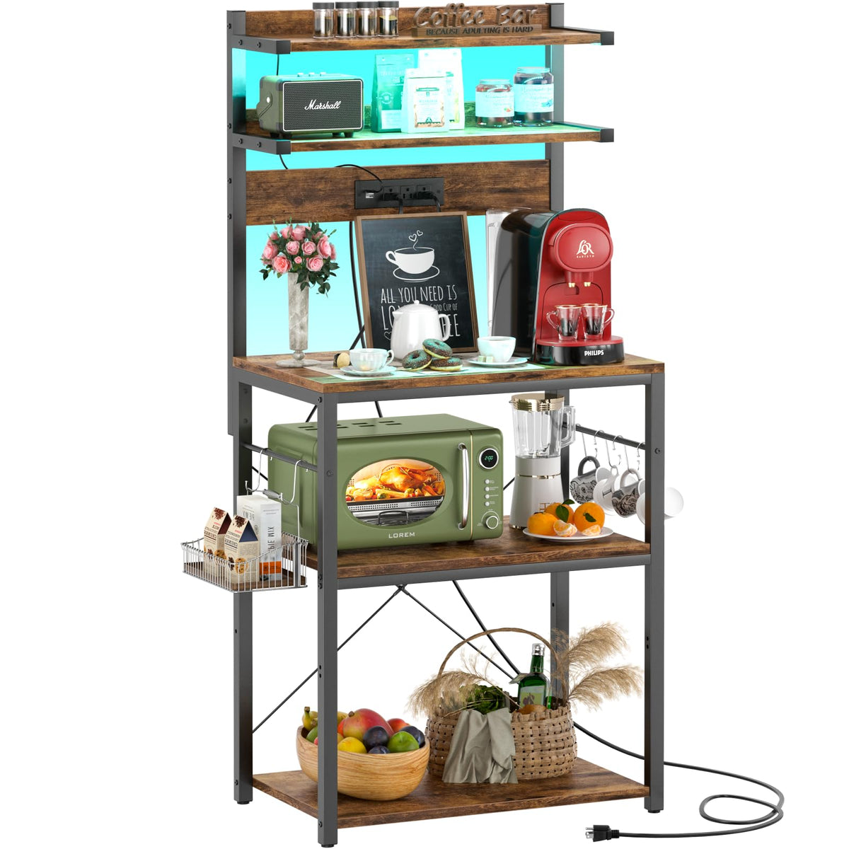 Aheaplus Bakers Rack with Power Outlet, Microwave Stand, 5 Tiers Coffee Bar Station with Led Lights, Kitchen Storage Shelf with 6 S-shaped Hooks, Kitchen Rack for Spices, Pots and Pans, Rustic Brown