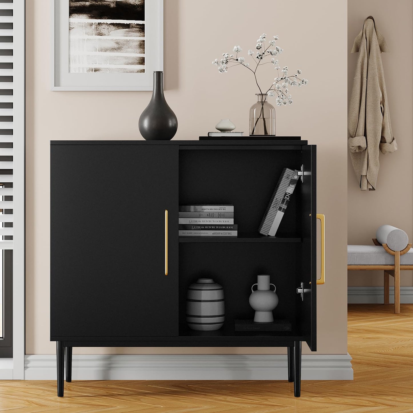REHOOPEX Storage Cabinet with Doors, Modern Black Accent Cabinet, Free Standing Cabinet, Wooden Buffet Sideboards for Living Room, Kitchen,Home Office