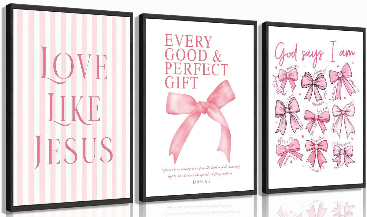 3Pcs Pink Bow Canvas Wall Art, Coquette Preppy Painting Pictures Wall Decor, Christian Inspirational Bible Posters Print Artwork for Girls Dorm Room, Apartment, Home Decoration 16x24 Unframed