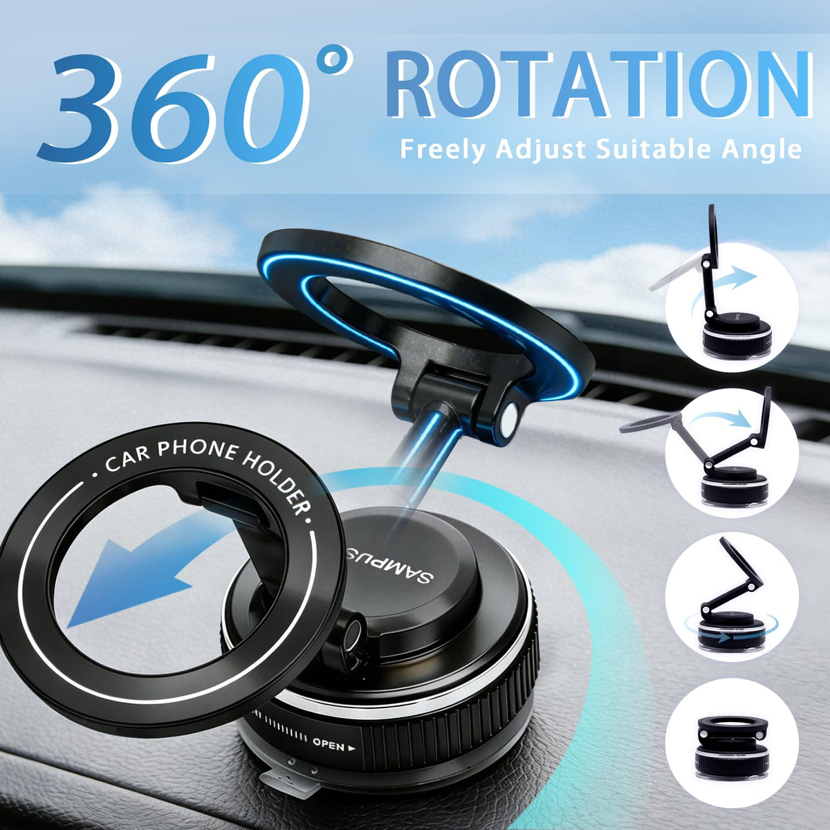 SAMPUSS Magnetic Phone Holders for Your Car, Upgraded Vacuum Car Phone Holder, 360° Rotation Cell Phone Car Mount Suction Phone Mount for Magsafe Car Mount for Car Kitchen Gym Travel for All Phone