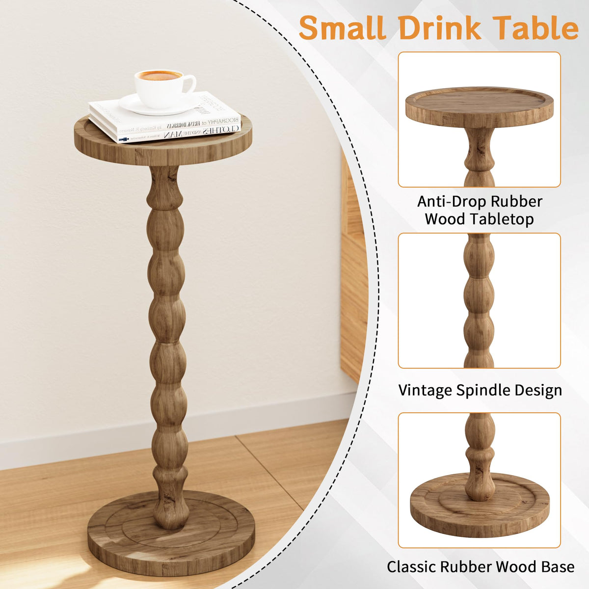 iFaveorr Small Side Table, Rubberwood‌ Drink Table for Small Spaces, Solid Wood Pedestal Coffee Tables, Round End Tables for Living Room, Sofa Couch, Bedroom, Corners, and Office (Brown, 9.4 inch)