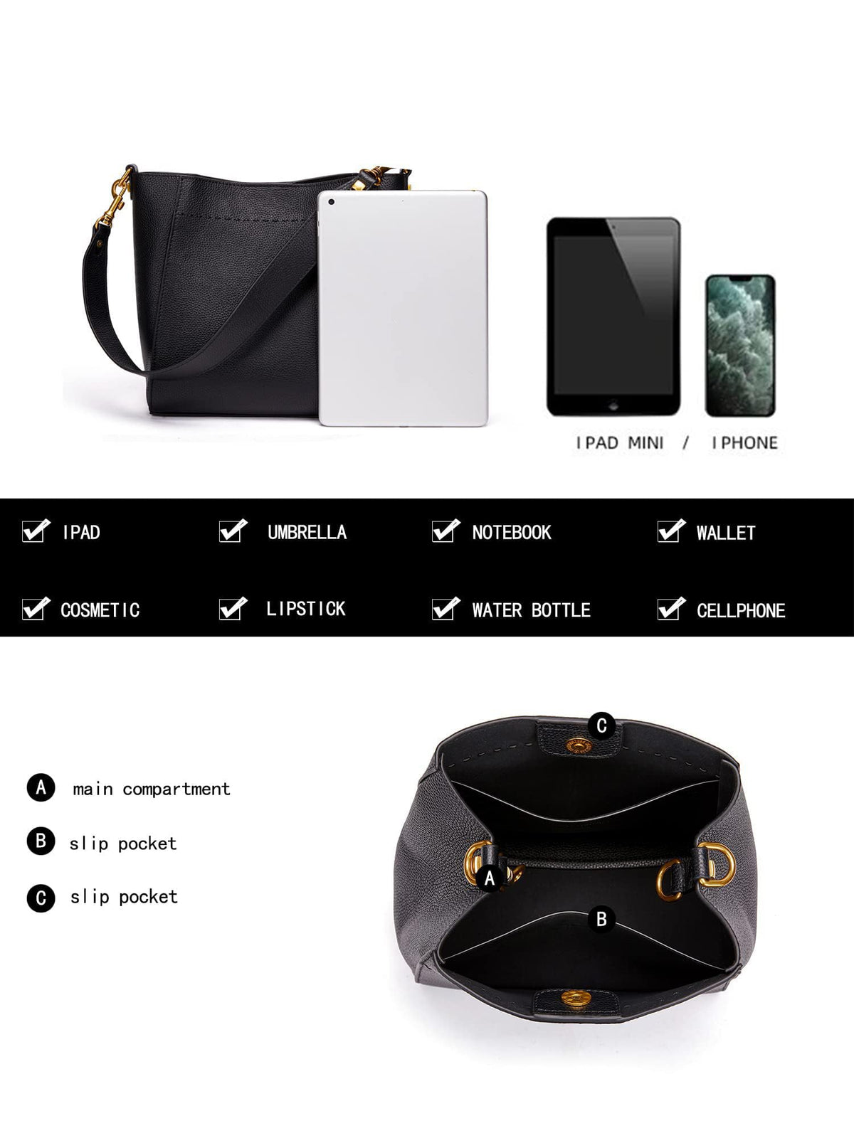 DORIS&JACKY Genuine Leather Bucket Hobo Bag for Women Designer Shoulder Purse and Satchel Tote with Detachable Wide Strap
