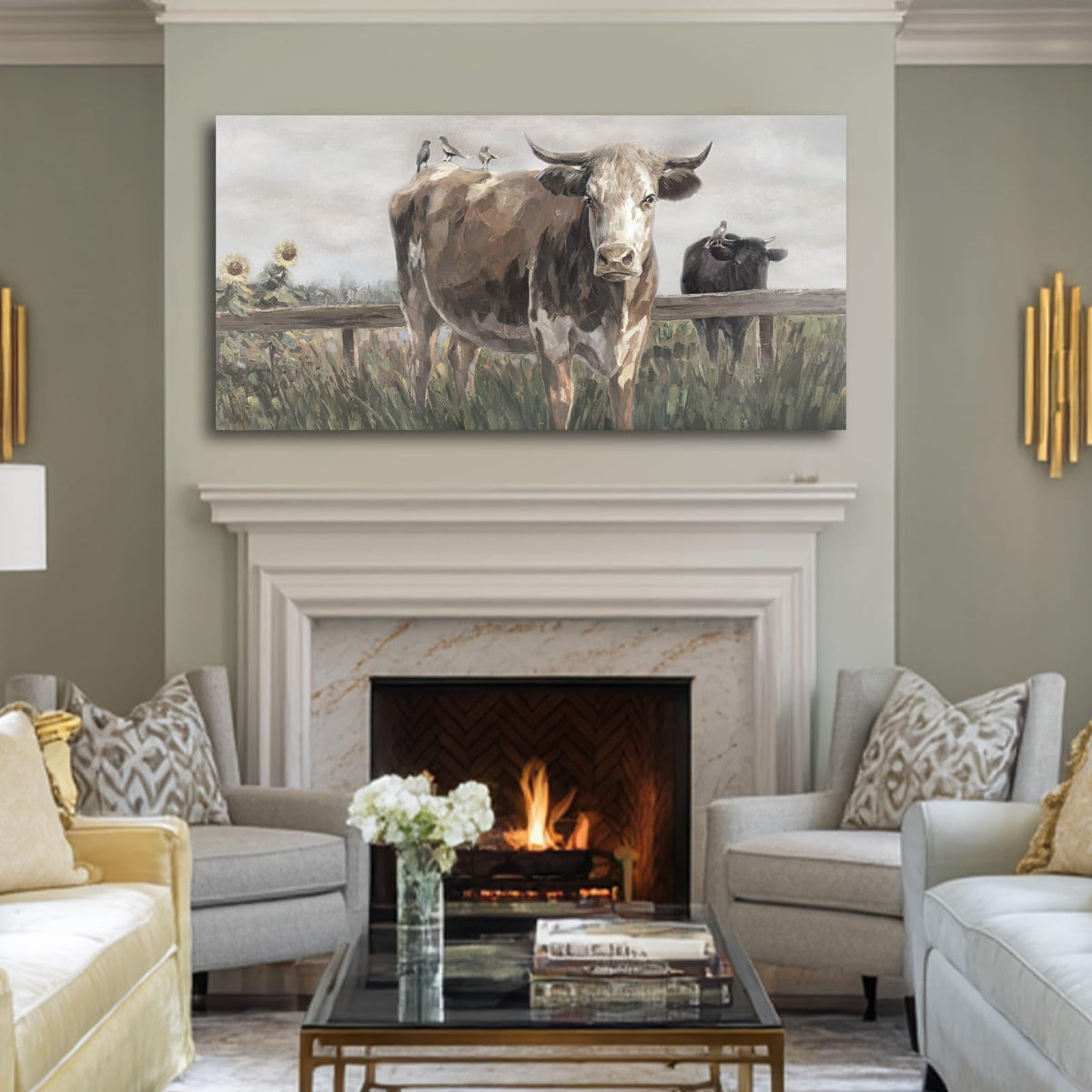Visual Art Decor Cow Decor black and brow Canvas Print Animal Artwork for livingroom,bedroom,office 40x20 inches