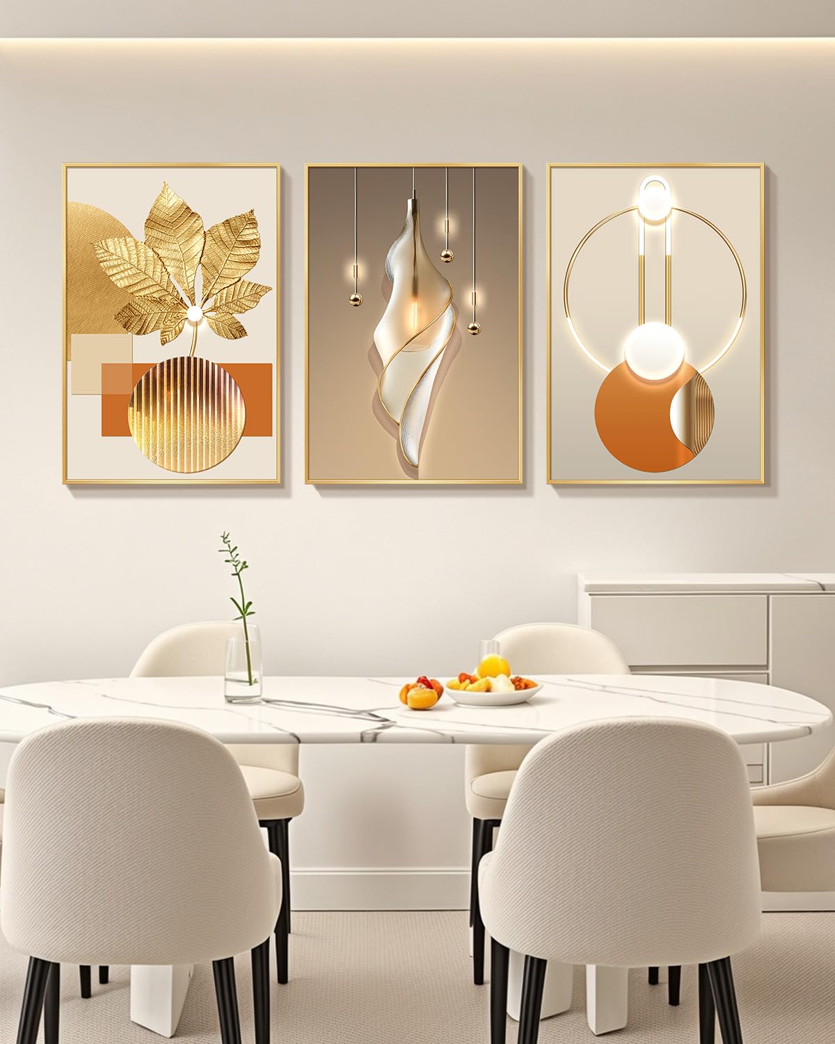 Azartslr Large Framed Modern Rose Gold Wall Art, Luxury 3 Pieces Aluminum Alloy Wall Decor for Living Room, Abstract Gold and Beige Home Bedroom Art Painting, Geometric Crystal Porcelain Artwork Dining Room Pictures Decoration 12x16in