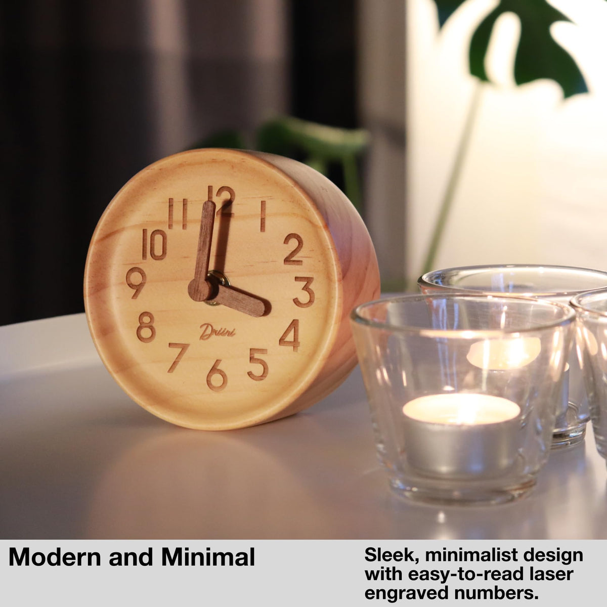 Driini Wooden Analog Desktop Clock – 4.3 in. Decorative Pinewood, No-Tick Design – Easy to Read Silent Sweep Mantle Clock – Quiet Tabletop Clocks with Wood Body, Hands, & Battery Cover; Light