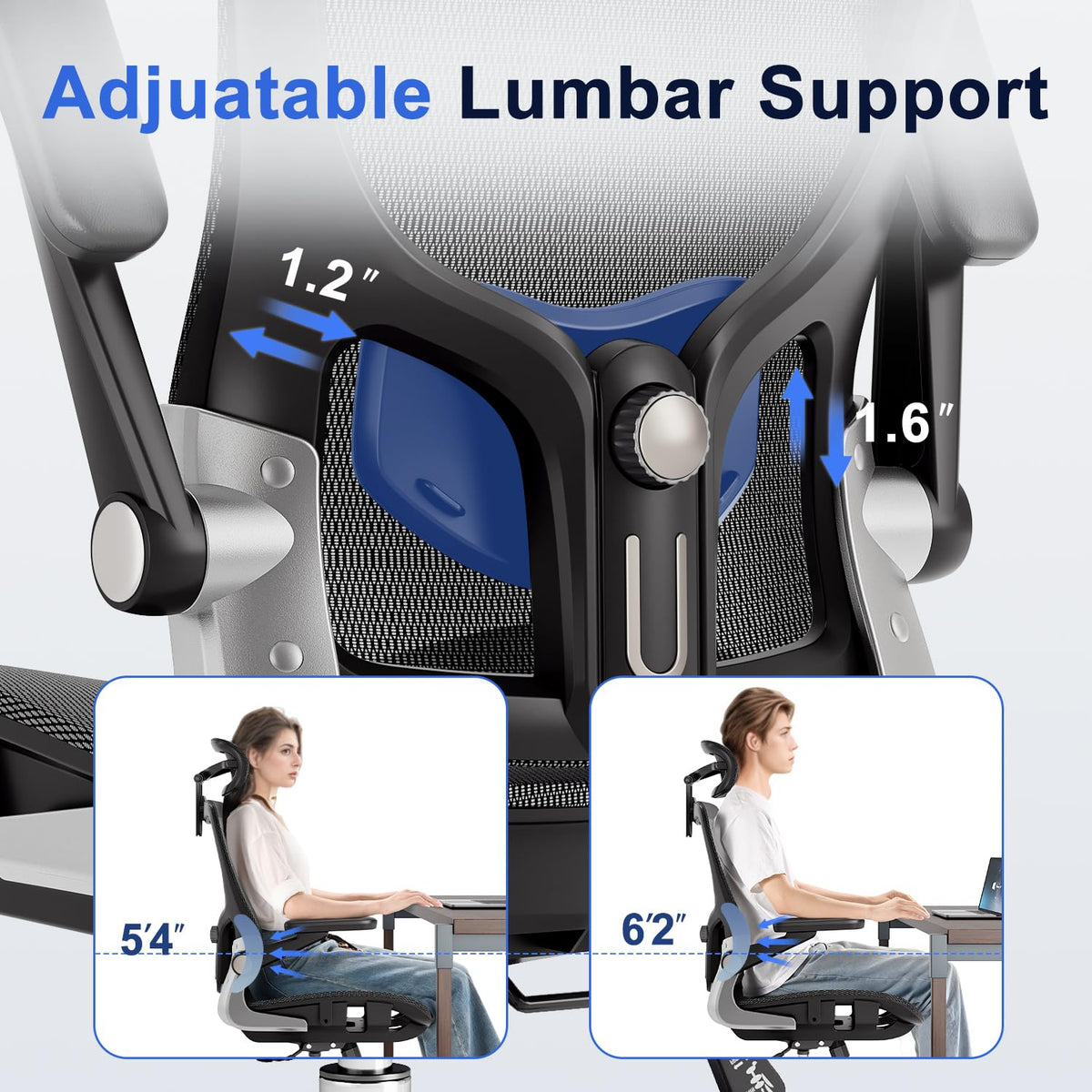 marrap Ergonomic Office Chair, Mesh Seat Cushion with 3D Armrests and 3D Headrest, Adjustable Lumbar Support with 90-120° Rocking Function, Black
