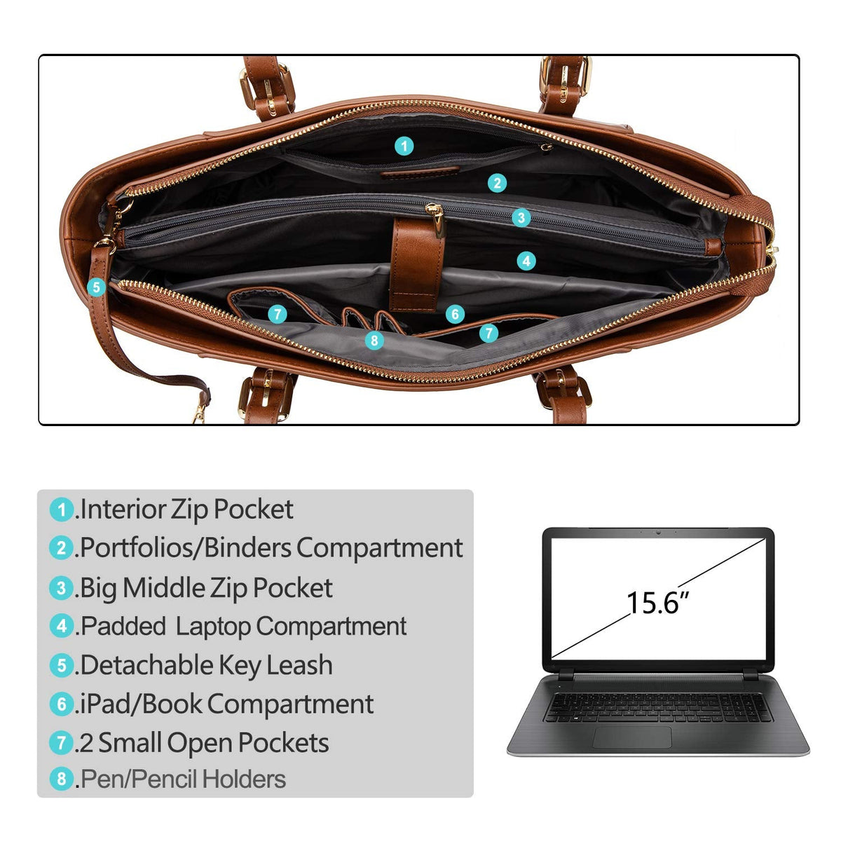 LOVEVOOK Laptop Bag for Women, Structured Leather Computer Bag, Professional Work Tote Purse, Teacher/Attorney’s Choice, Retro-Brown