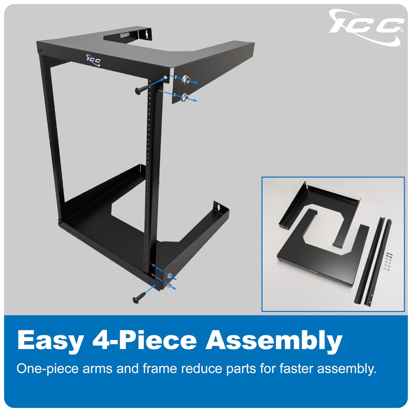 ICC 15U Wall Mount 19″ Open Frame Server Rack – 18″ Deep Cold-Rolled Steel, 125 lb Load Capacity – Network Rack for Patch Panels, Switches, AV, IT & Telecom Equipment Installations