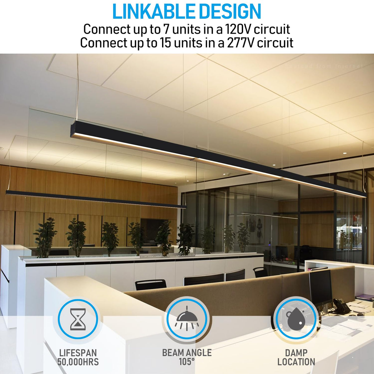 LEONLITE 4FT Linkable LED Linear Light, 3CCT 55W 3000K/4000K/5000K Selectable, UGR<19, ETL Listed Dimmable Architectural LED Suspension Office Lighting Fixture, Matte Black Aluminum Housing, Pack of 4