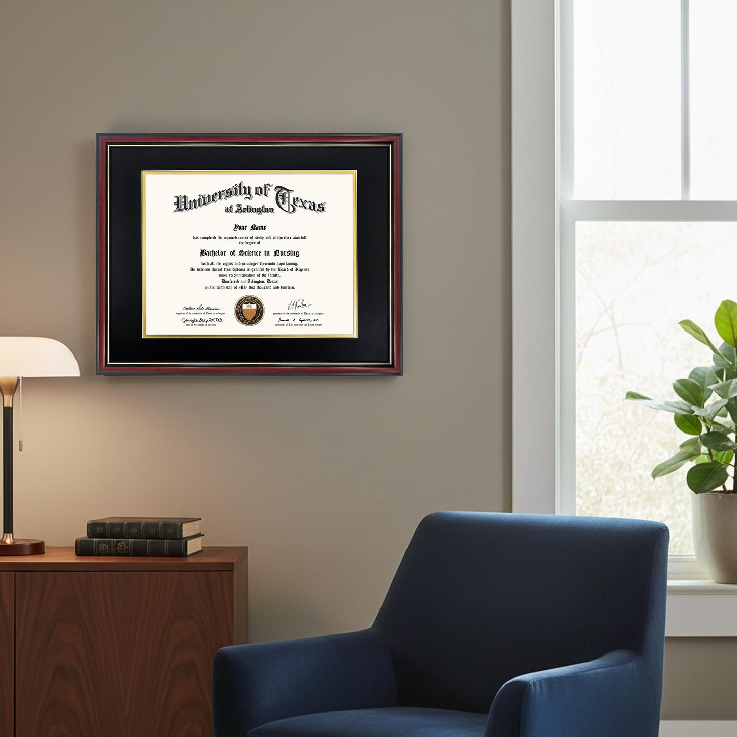 GraduationMall 12x15 Diploma Frame with Black over Gold Mat or Display 16x20 Certificate without Mat,Solid Wood & Tempered Glass,Cherry Finish with Gold Trim