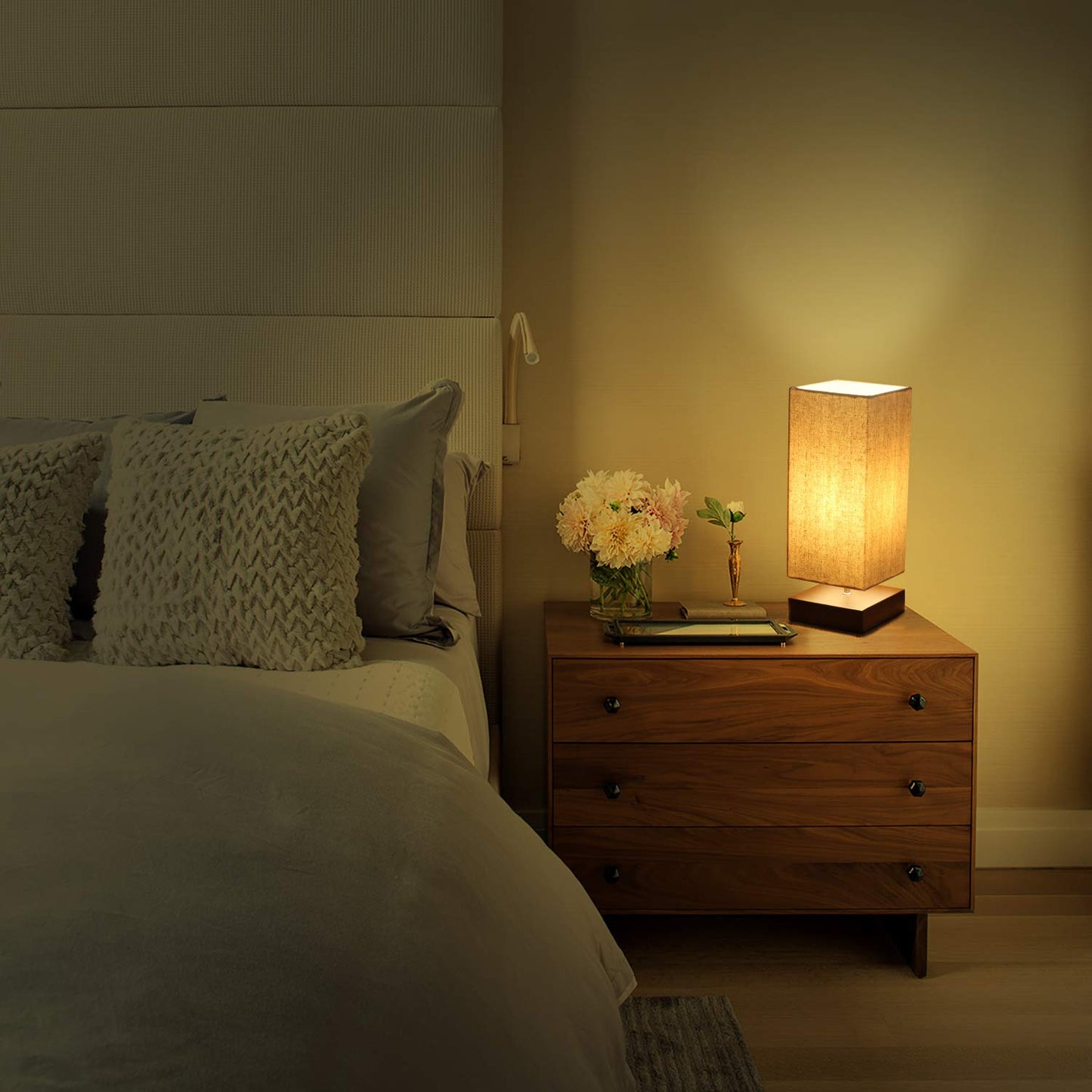 Touch Control Table Lamp Bedside 3 Way Dimmable Touch Desk Lamp Modern Nightstand Lamp with Square Fabric Lamp Shade Simple Night Light for Bedroom Living Room Office, Led Bulb Included
