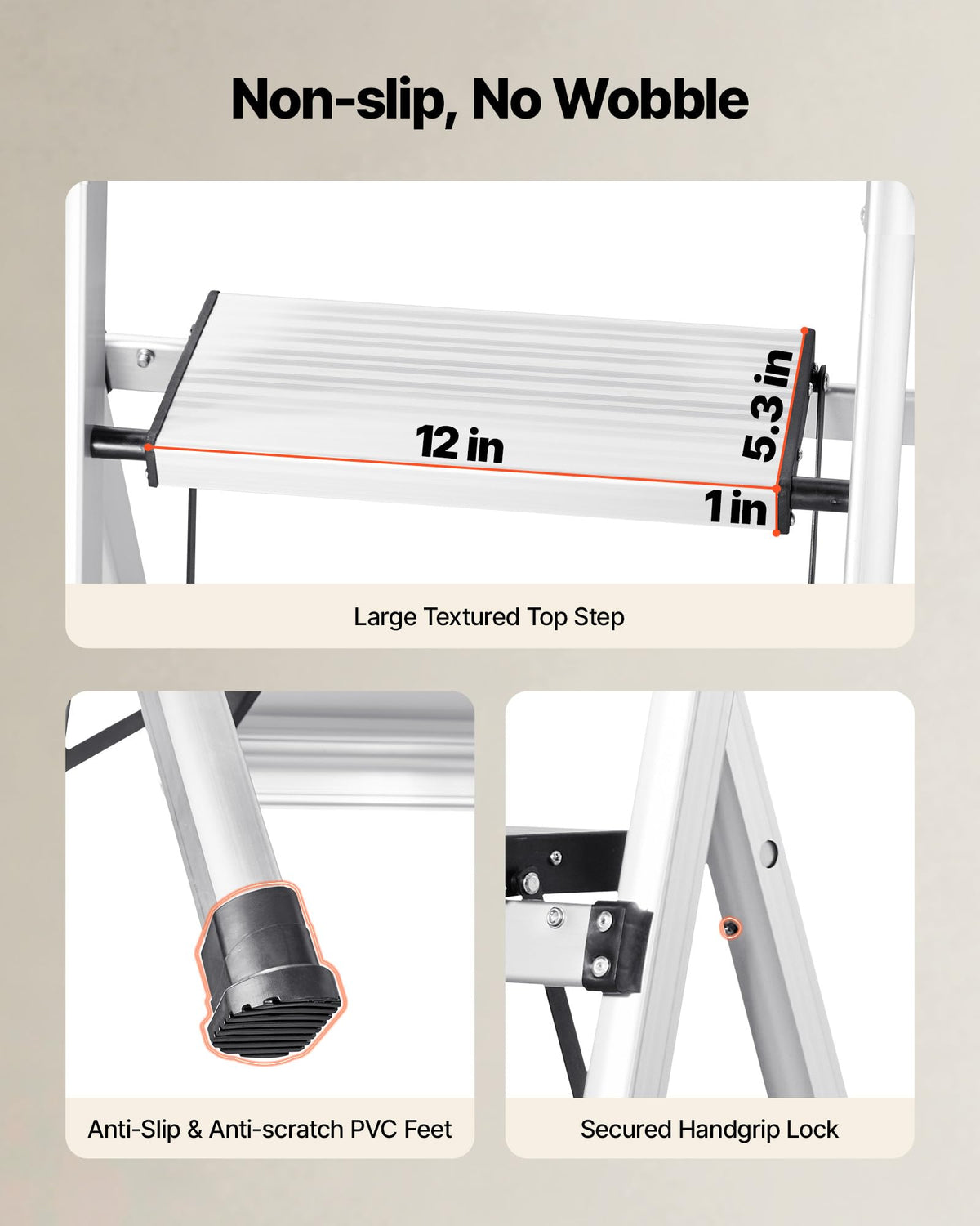 VEVOR 3 Step Ladder, Folding Step Stool with Wide Anti-Slip Pedal and Comfort Handgrip, 330 lbs Capacity Portable Aluminum Stepladder, Multi-Use for Kitchen, Warehouse, Household and Office, Silver