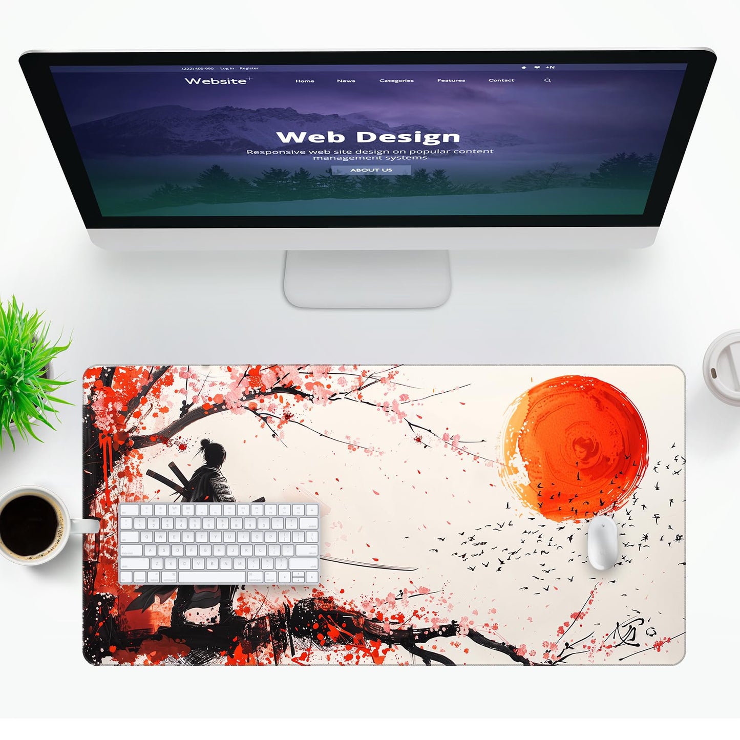 VNDL Large Japanese Gaming Mouse Pad, White and Red, Premium Non-Slip Anime Desk Pad for Office, Extended XL XXL Mouse Mat and Laptop Pad, Waterproof and Stiched Edges 31.5 x 15.7 in (sam3)
