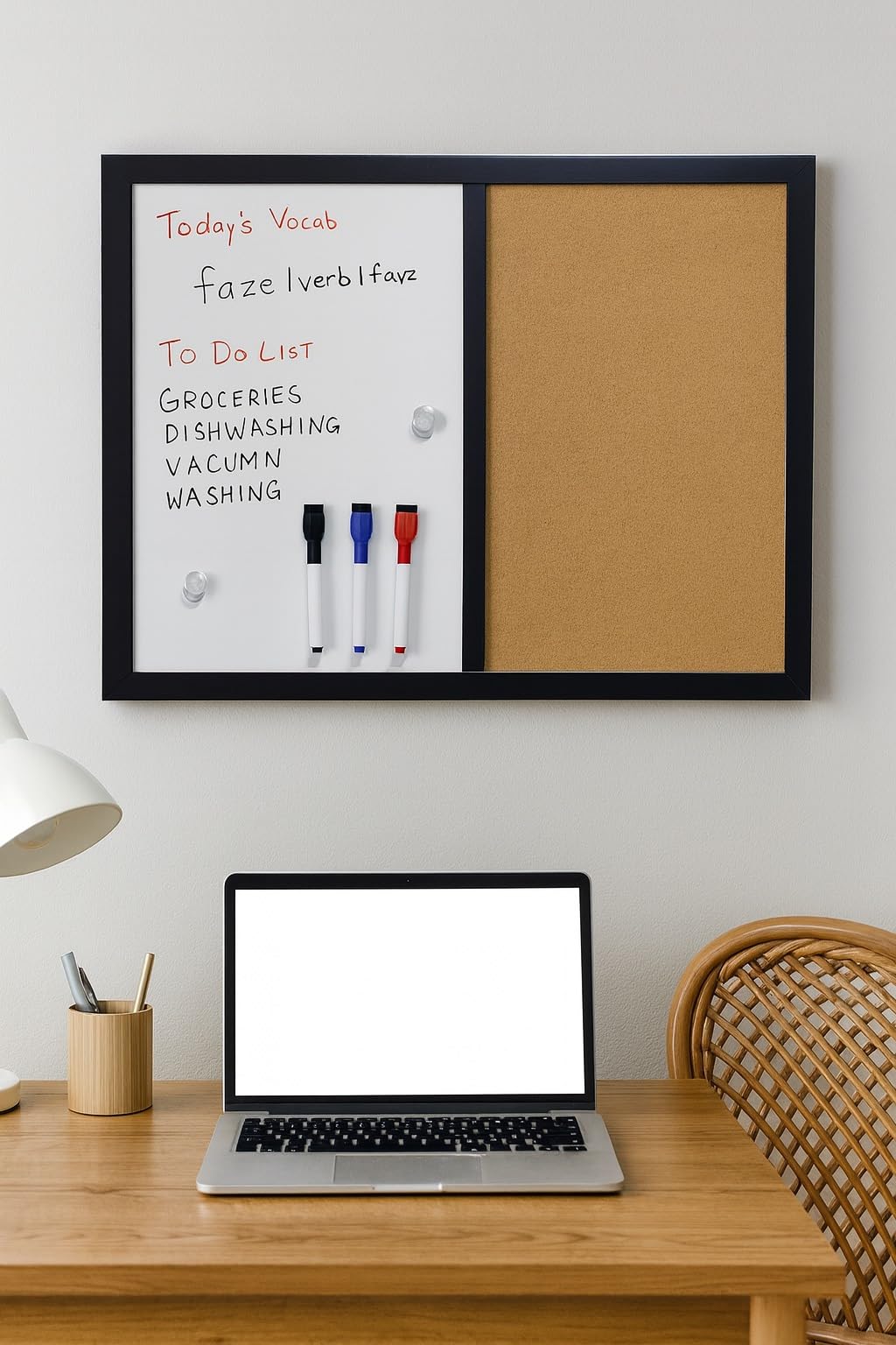 MURIWAI 36x24 Wall-Mount Combo Board - Magnetic Dry Erase & Corkboard with Sleek Black Frame for Home & Office (24x36)