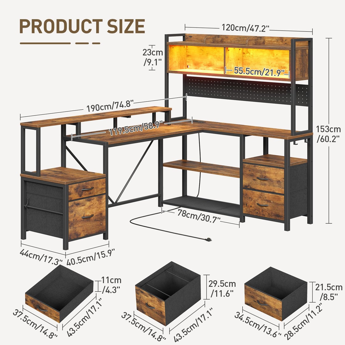 RALGEND 75" L Shaped Gaming Desk with Hutch, L Shaped Desk with Drawers, LED Light, Power Outlets & Pegboard, Corner Desk with Storage Shelves & Monitor Stand for Home Office, Rustic Brown and Black