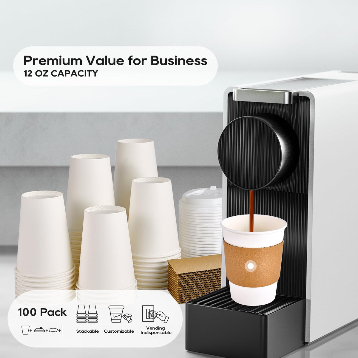 [100 Pack] 12 oz Paper Coffee Cups, Disposable Paper Coffee Cup with Lids, Sleeves, and Stirrers, Hot/Cold Beverage Drinking Cup for Water, Juice or Tea, Suitable for Home, Shops and Cafes