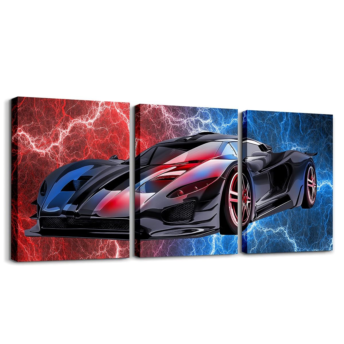 Feelyou Race Car Bathroom Wall Art for Home Decor 12"x16" 3 Piece Red and Blue Speed Sports Car Canvas Wall Art Extreme Sports Office Wall Artwork Posters Lightning Theme Wall Painting